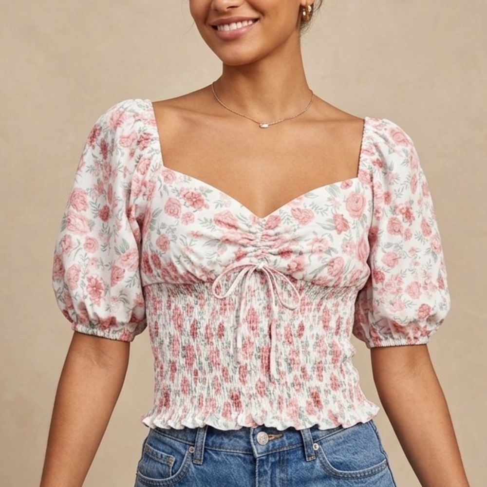 Goodnight Macaroon‎ Pink Floral Smocked Puff Sleeve Blouse Sweetheart Top Small